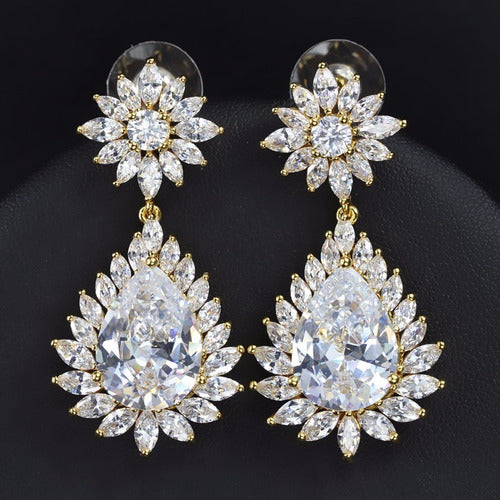 Brinco Noiva Pedra Zirconia Dourado Festa Debutante Gota