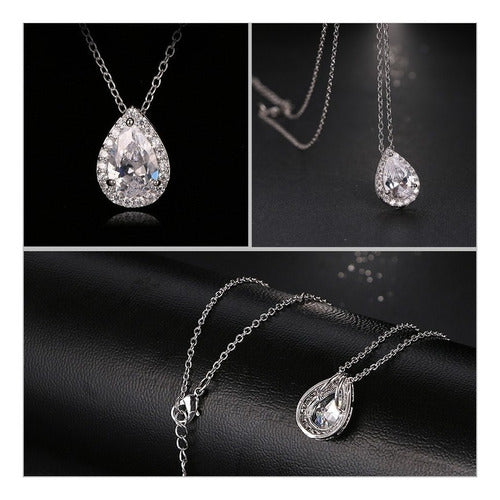 Conjunto Colar Brinco Noiva Pedra Zirconia Prata Dourad Gota