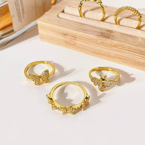 Anel Pedra Zirconia Borboleta Festa Dourado Ajustavel F Ouro