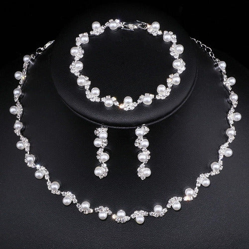 Conjunto Colar Brinco Pulseira Strass Pérola Noiva Festa