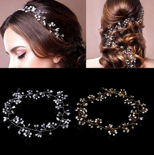 Tiara Arranjo Cabelo Noiva Pérola Fio Strass Dourado Prata
