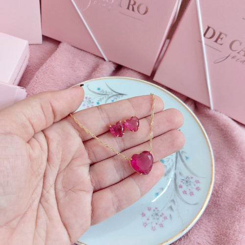 Conjunto Colar E Brinco Coração Pedra Vermelho Marsala