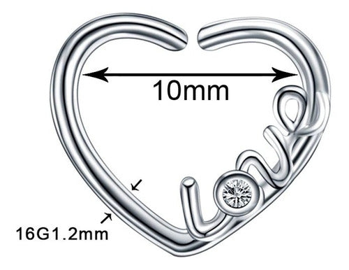 Piercing Daith Coração Prata Love Pedra Zirconia 10 Mm