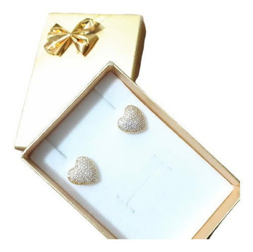 Brinco Pedra Zirconia Coração Dourado F. Ouro 18k Noiva Fest
