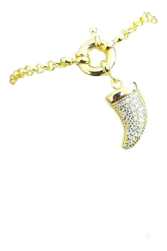 Pulseira Elo Português Dente De Tigre Zirconia Semi Joia