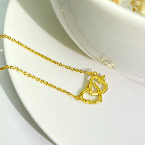 Colar Pingente Coração Duplo Pedra Zirconia Folheado Ouro 18