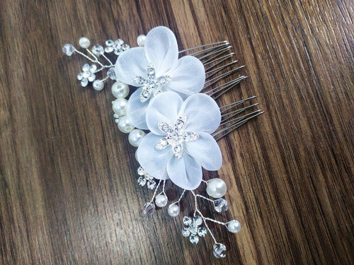 Arranjo Cabelo Noiva Flor Tecido Branco Prata Strass Pérola