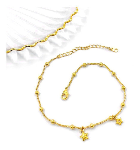 Tornozeleira Bolinhas E Estrelas Dourada Folheada A Ouro 18k