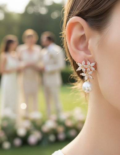 Brinco Noiva Zirconia Pérola  Dourado Pequeno Luxo
