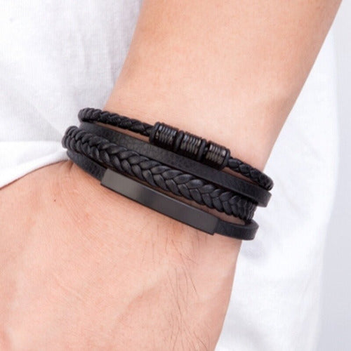 Pulseira Masculina Couro Aço Inox Chapa Gravar Trançado 4x