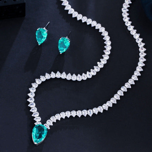Conjunto Colar Chocker Riviera Gota E Brinco Zircônia Verde
