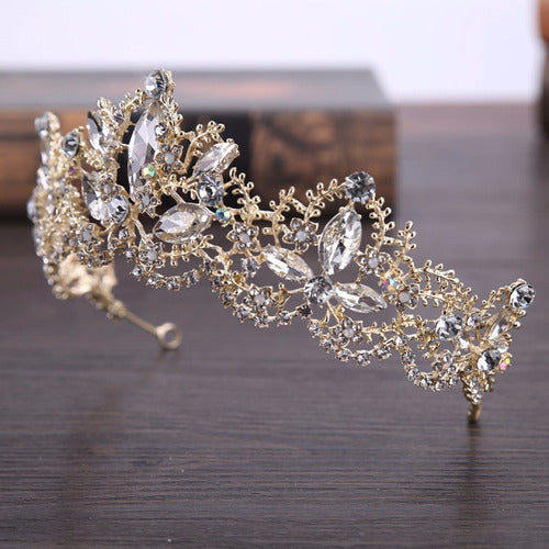 Coroa Tiara Arranjo Cabelo Noiva Strass Dourada Ouro Luxo
