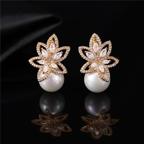 Brinco Zirconia E Pérola Noiva Pequeno Dourado Festa Luxo
