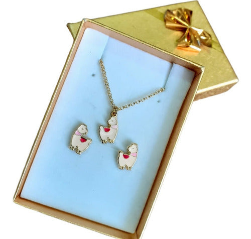 Conjunto Colar E Brinco Infantil Dama Daminha Lhama F. Ouro