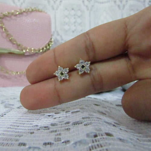 Brinco Flor Zirconia Pequeno Dourado Prata Rosa Verde F Ouro