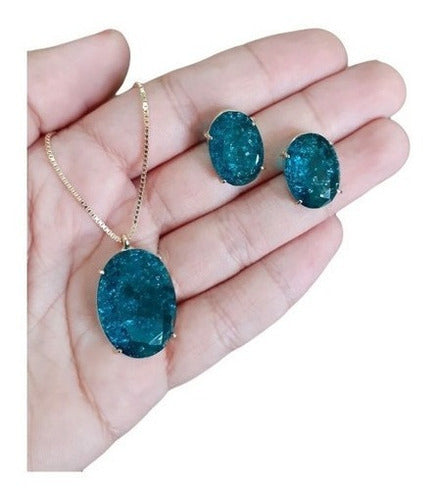 Conjunto Colar E Brinco Zirconia Fusion Tifann Oval Grande