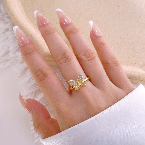 Anel Pedra Zirconia Borboleta Festa Dourado Ajustavel F Ouro
