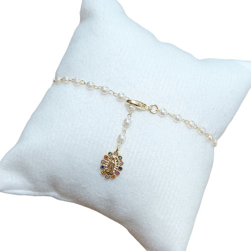 Pulseira Dourada Zircônia E Pérola N. S Das Graças Religioso