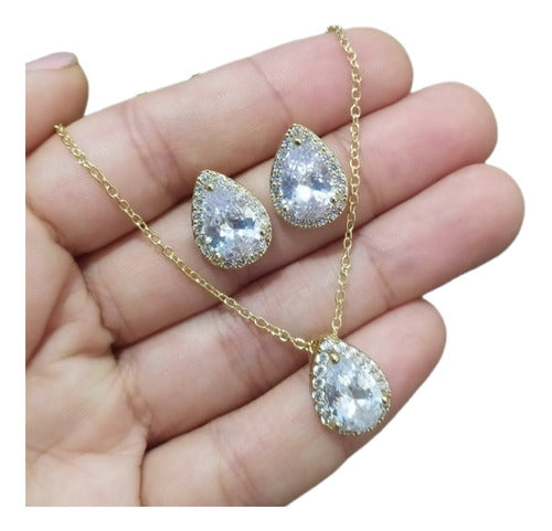 Conjunto Colar Brinco Noiva Pedra Zirconia Prata Dourad Gota