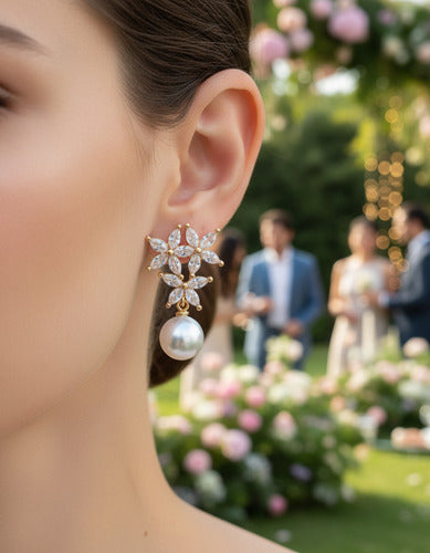 Brinco Noiva Zirconia Pérola  Dourado Pequeno Luxo