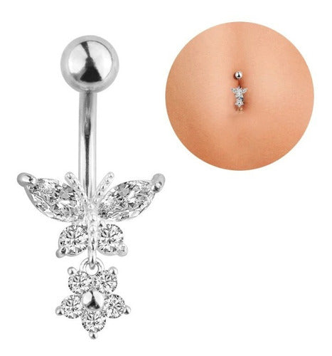 Piercing De Umbigo Prata Pendurado Pedra Borboleta Flor