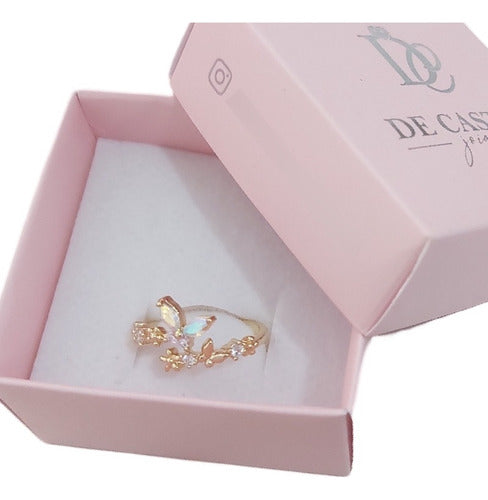Anel Pedra Zirconia Festa Dourado Borboleta Furtacor Ajustav