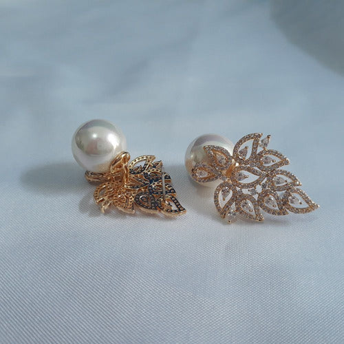 Brinco Noiva Zirconia E Pérola Dourado F Ouro Delicado Luxo