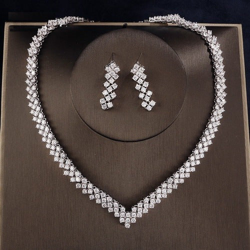Conjunto Colar E Brinco Noiva Zircônia Prata Festa Debutante