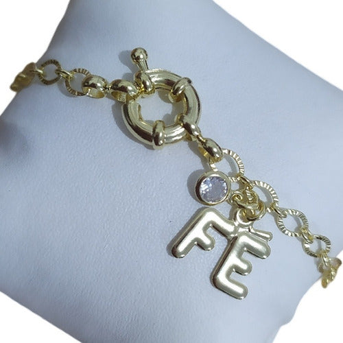 Pulseira Fé Pedra Zirconia F Ouro Semi Joia Fecho Boia