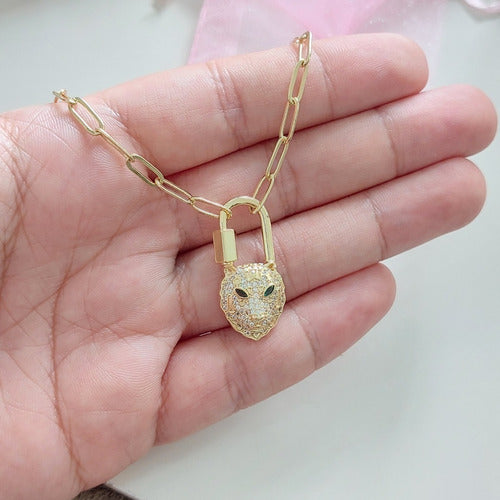 Colar Corrente Leopardo Mosquetão Pedra Zirconia Semi Joia