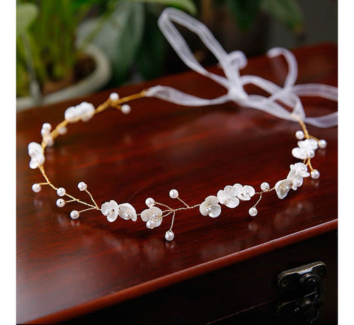 Tiara Arranjo Cabelo Noiva Pérola Fio Flor Dourado 30 Cm