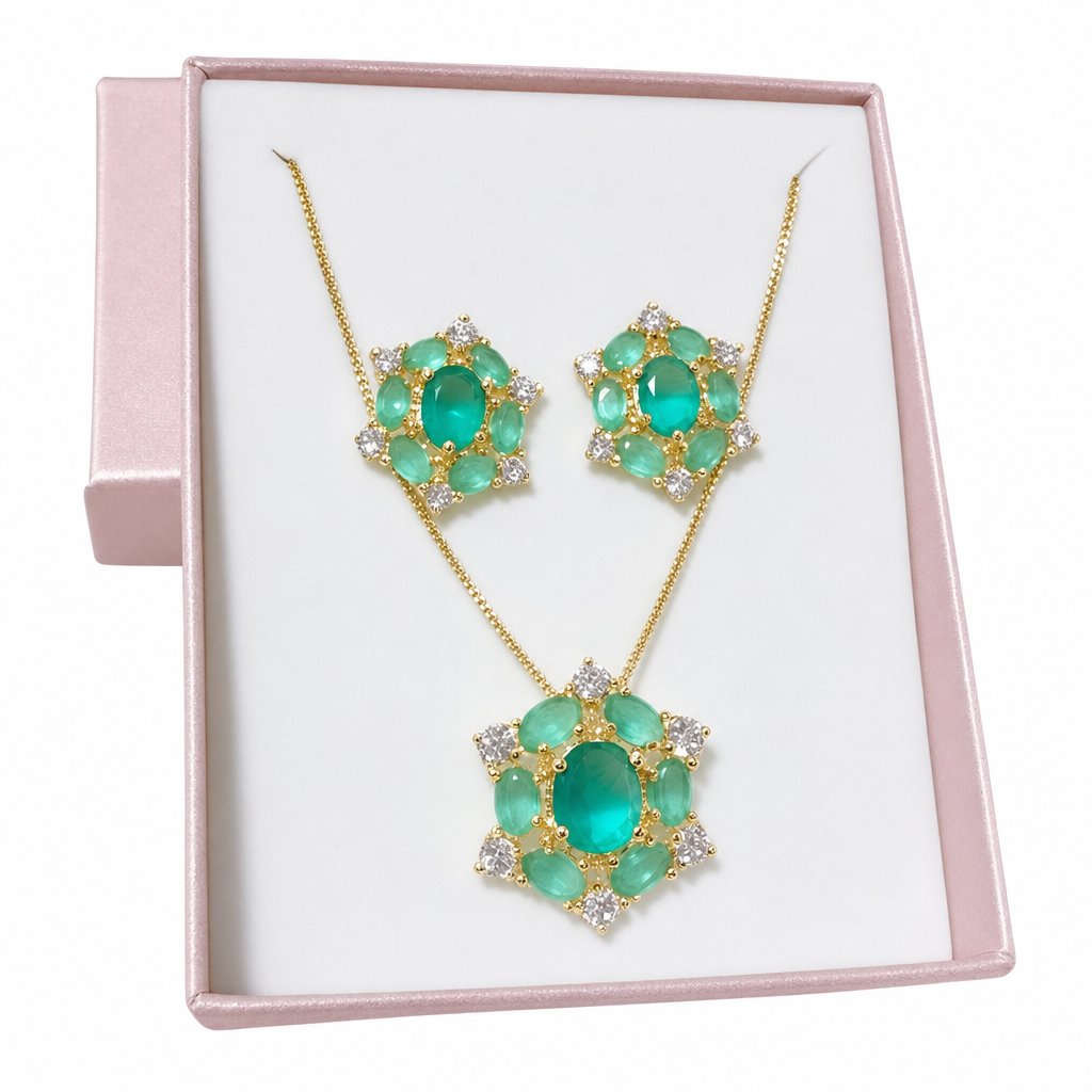 Conjunto Colar E Brinco Pedra Verde Zirconia Oval F Ouro 18k