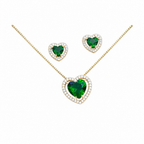 Conjunto Colar E Brinco Coração Pedra Zirconia Preto Verde