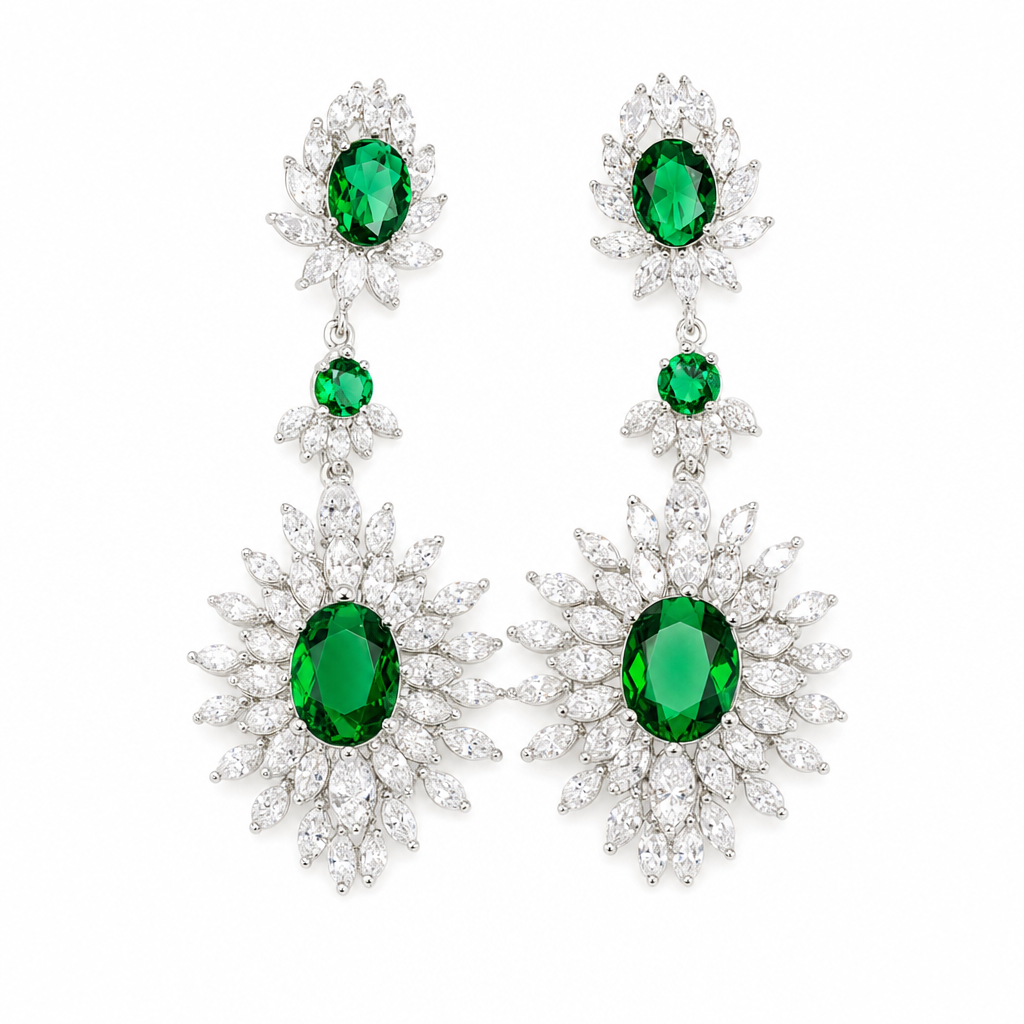 Brinco Noiva Pedra Zirconia Prata Verde Festa Debutante Luxo