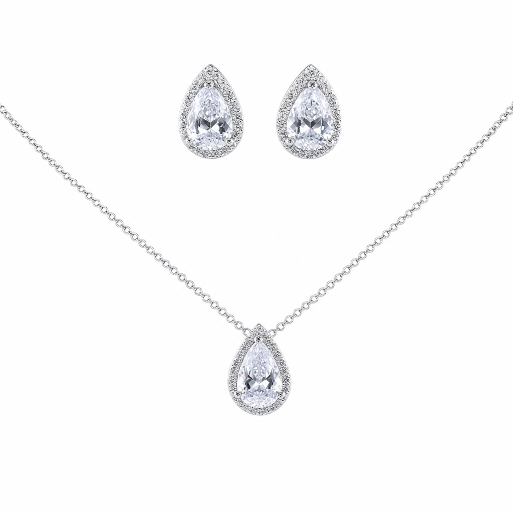 Conjunto Colar Brinco Noiva Pedra Zirconia Prata Dourad Gota