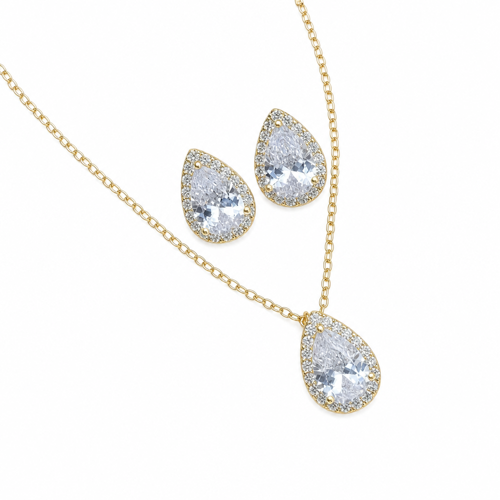 Conjunto Colar Brinco Noiva Pedra Zirconia Prata Dourad Gota