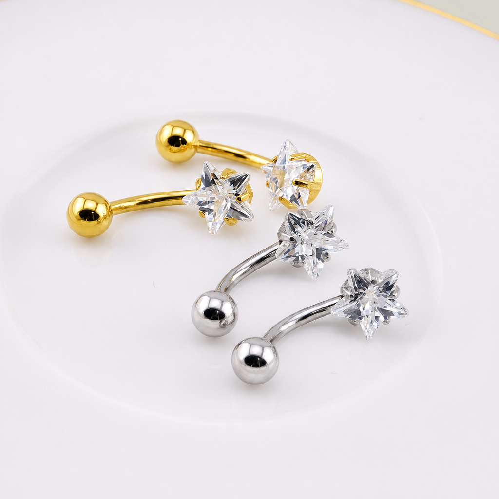 Piercing De Umbigo Dourado Ou Prata Estrela Pequeno Delicado