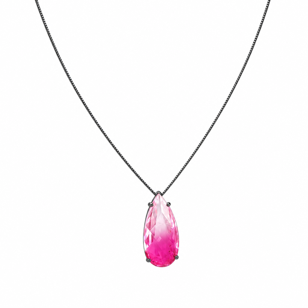 Colar Gota Grande Zirconia Rosa Degradê Rodio Negro Rainbow