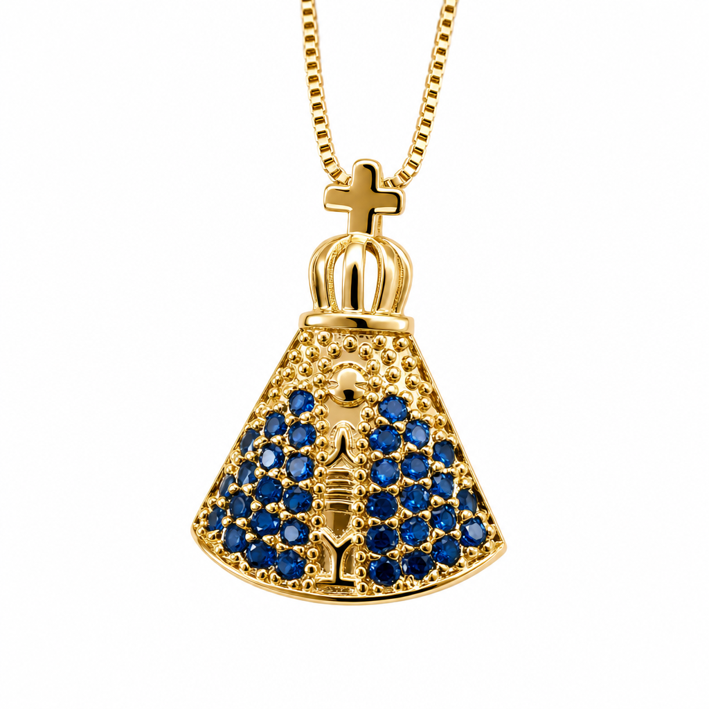 Colar Pingent Nossa Senhora Aparecida Zircônia Azul Folheado
