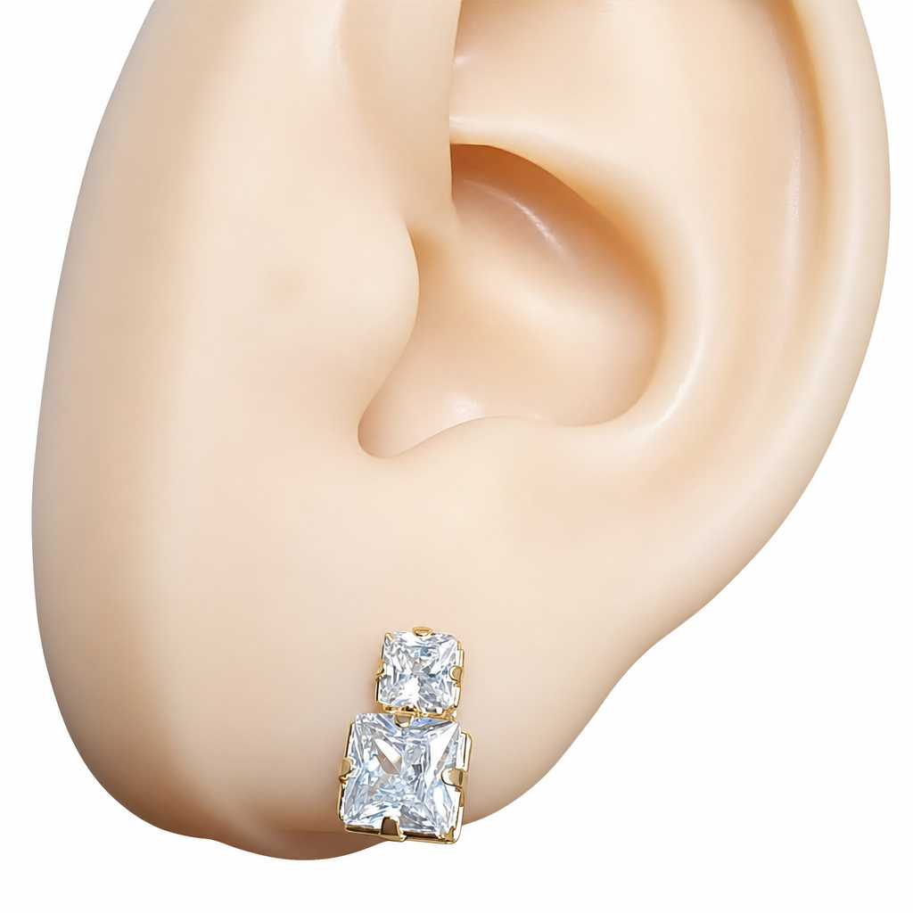 Brinco Zirconia Noiva Dourado Folheado A Ouro 18k Semi Joia Pequeno Quadrado Delicado
