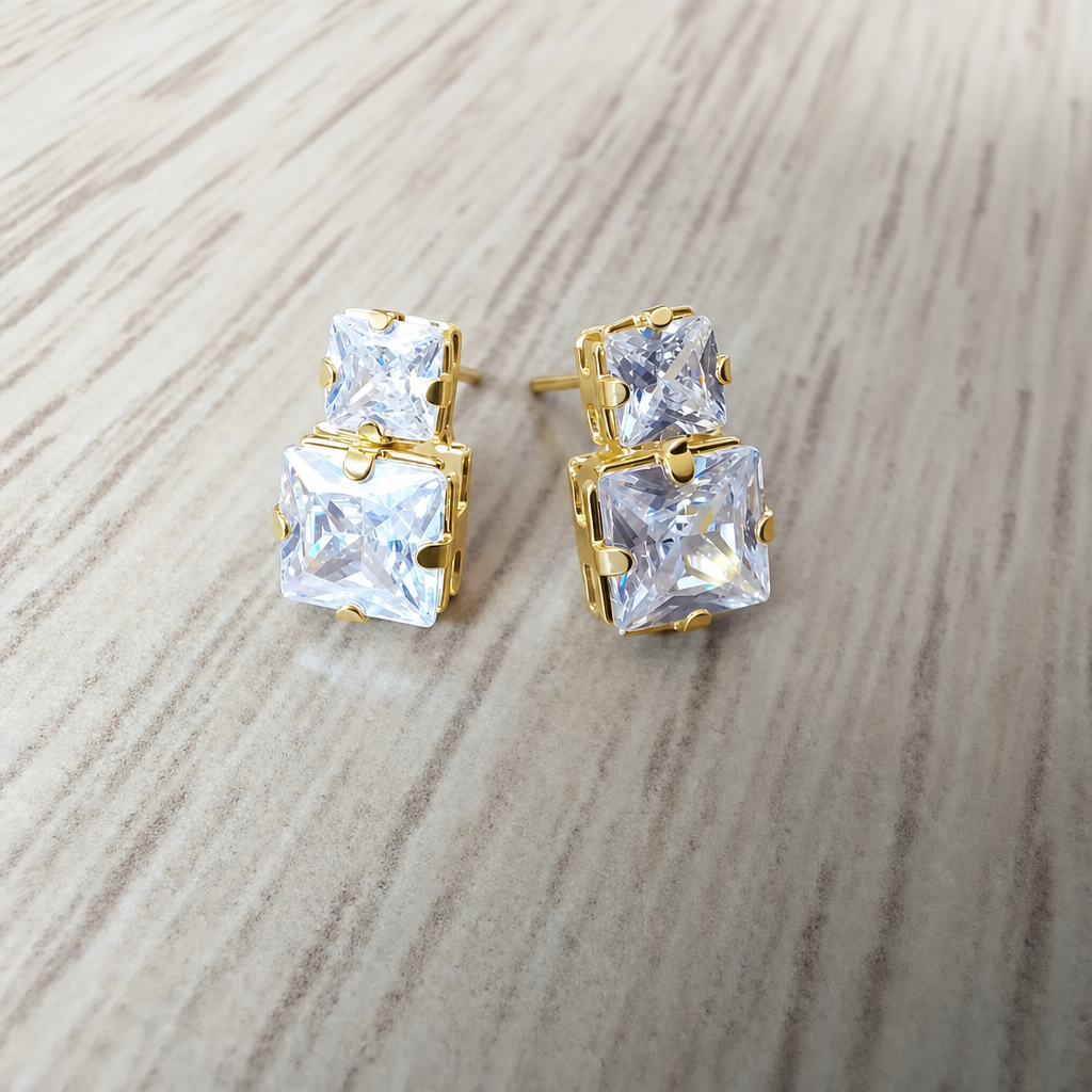 Brinco Zirconia Noiva Dourado Folheado A Ouro 18k Semi Joia Pequeno Quadrado Delicado