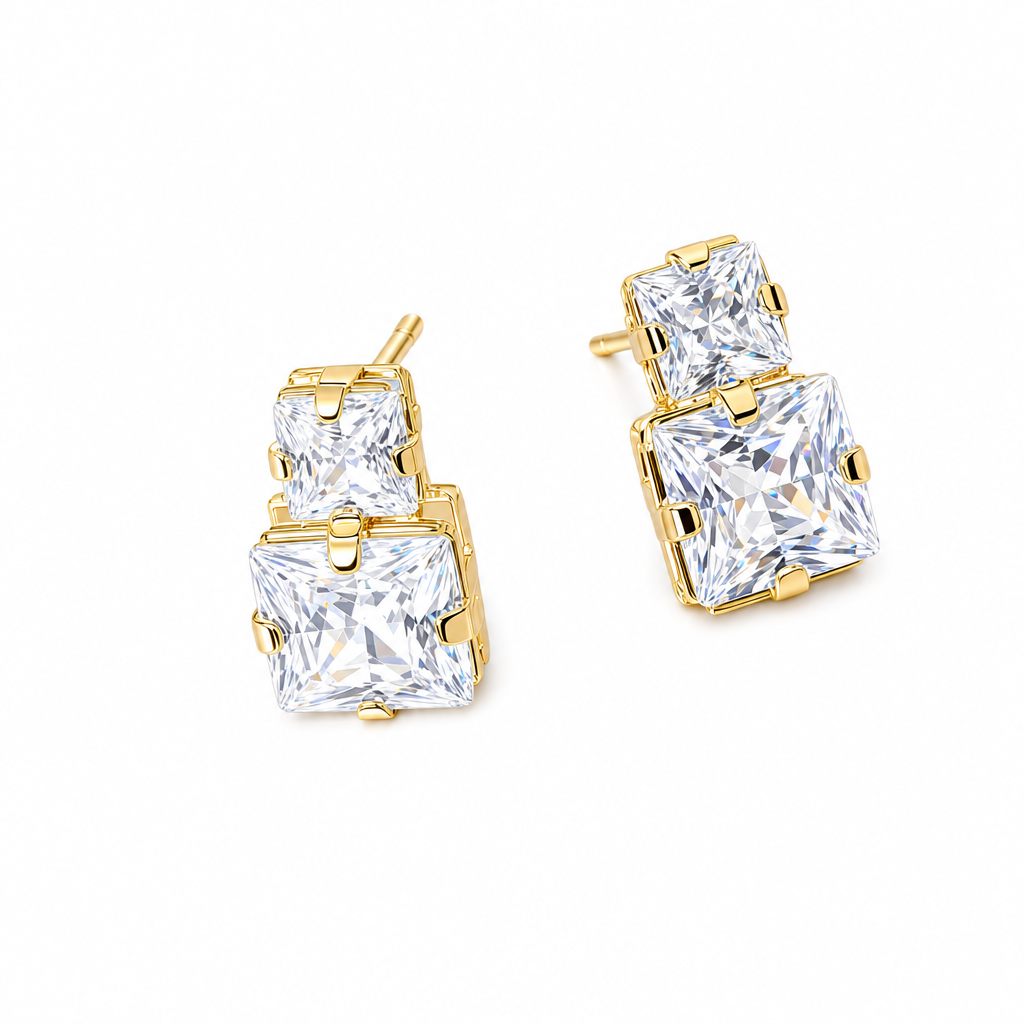 Brinco Zirconia Noiva Dourado Folheado A Ouro 18k Semi Joia Pequeno Quadrado Delicado