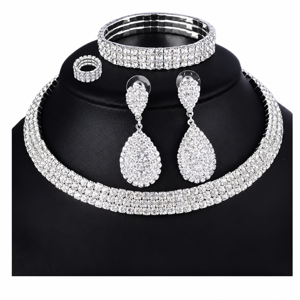 Conjunto Colar Chocker Pulseira Brinco Anel Noiva Strass
