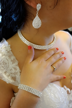 Conjunto Colar Chocker Pulseira Brinco Anel Noiva Strass