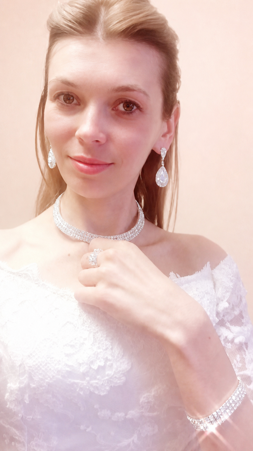 Conjunto Colar Chocker Pulseira Brinco Anel Noiva Strass