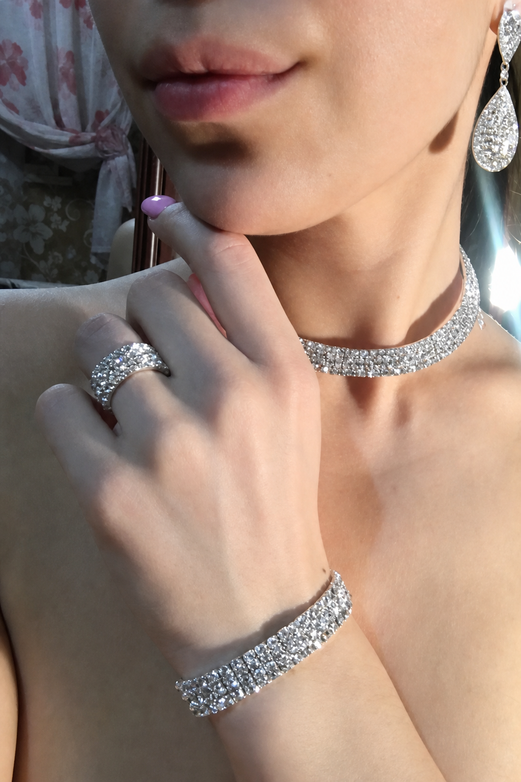 Conjunto Colar Chocker Pulseira Brinco Anel Noiva Strass