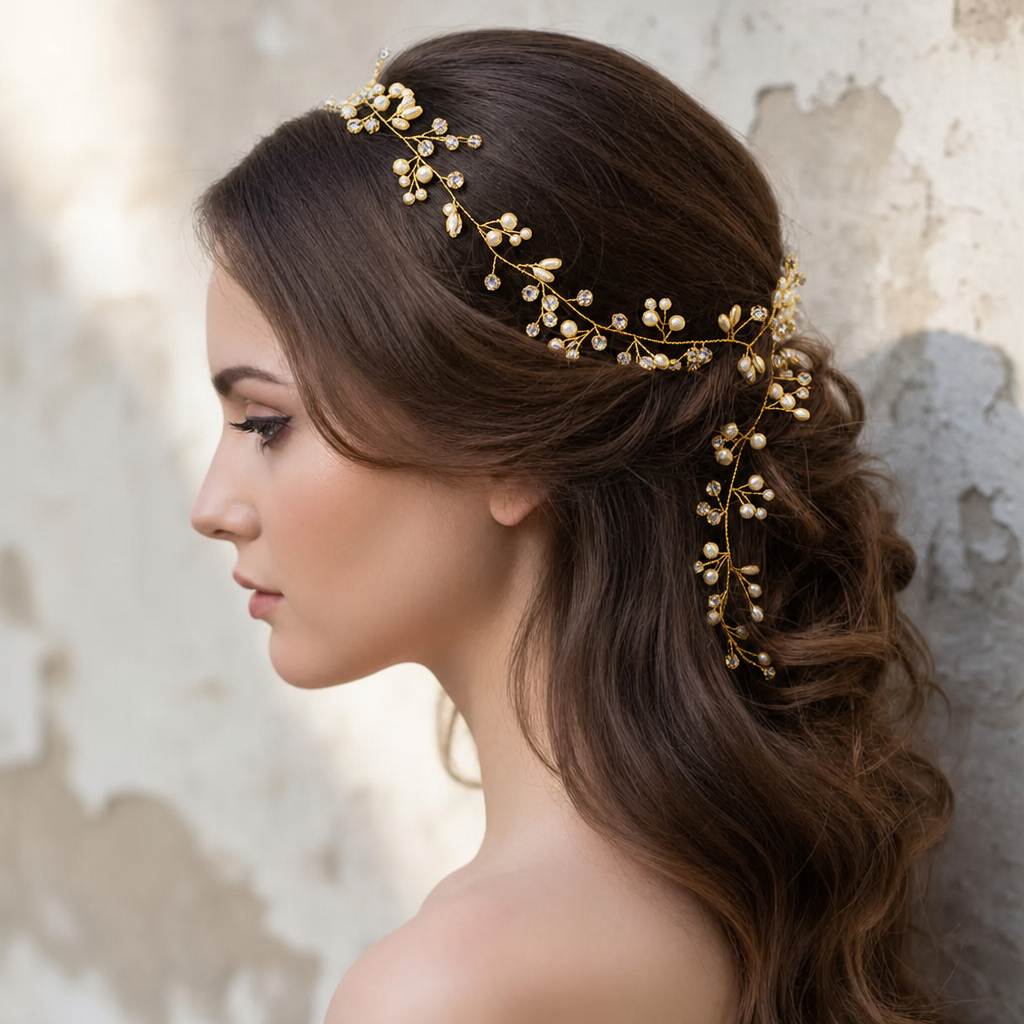 Tiara Arranjo Grinalda Cabelo Noiva Pérola Fio Strass Brilho