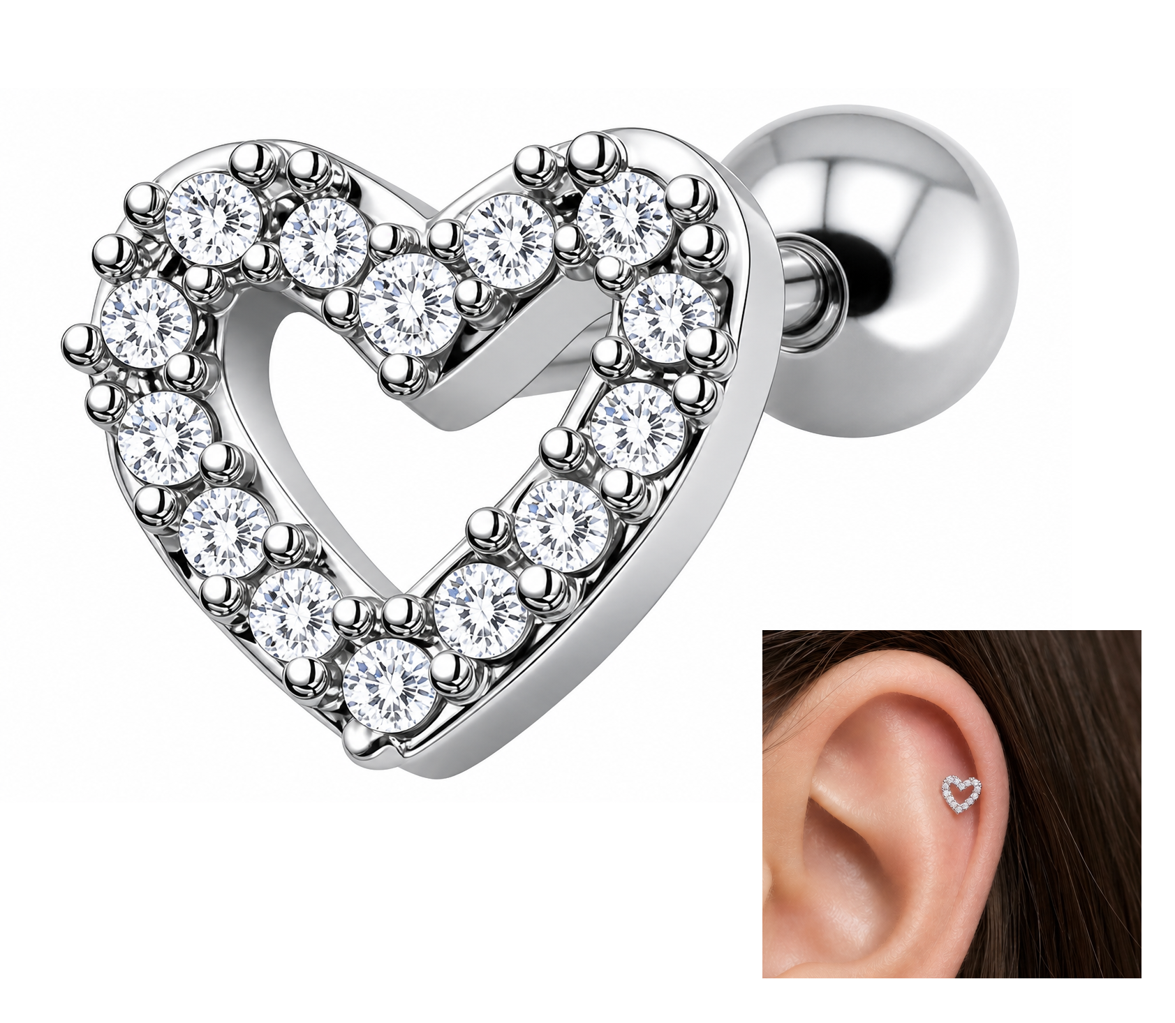 Piercing Tragus Cartilagem Coração Zirconia 6mm