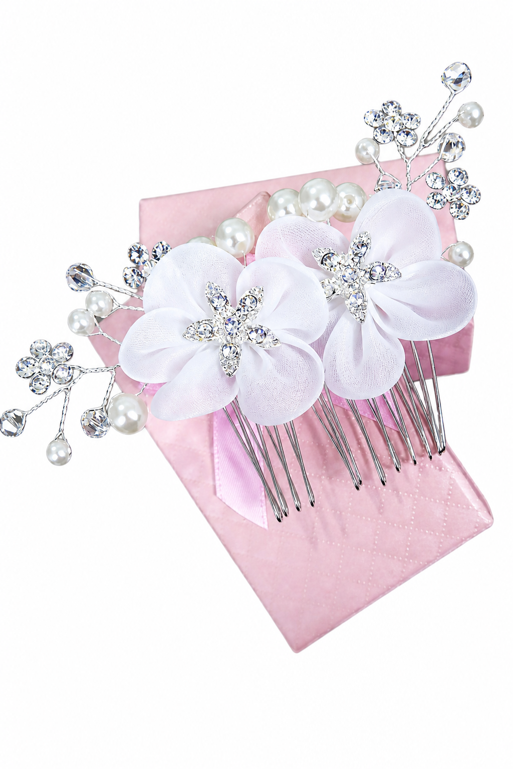 Arranjo Cabelo Noiva Flor Tecido Branco Prata Strass Pérola