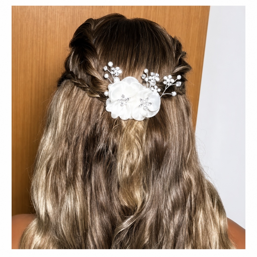 Arranjo Cabelo Noiva Flor Tecido Branco Prata Strass Pérola